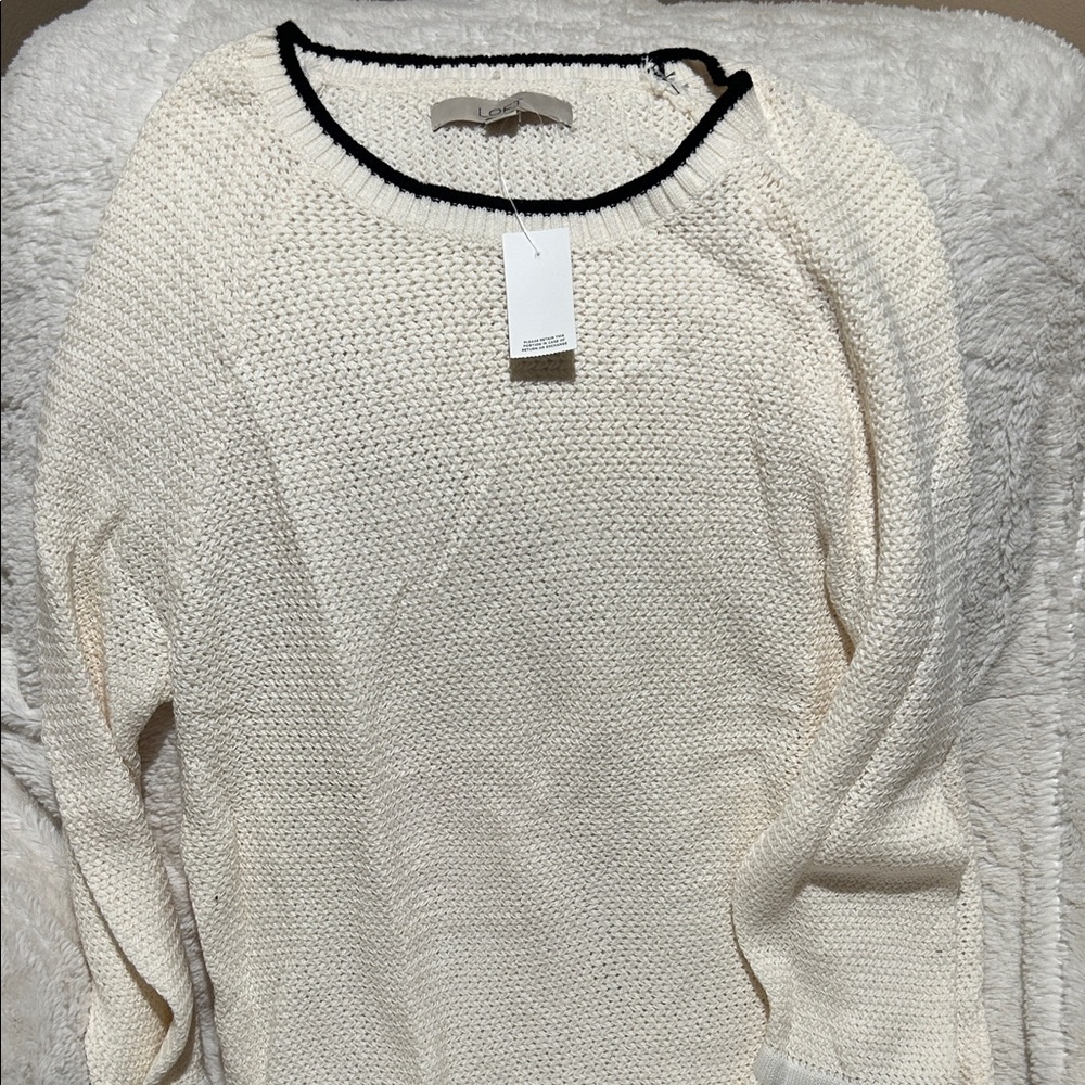 LOFT Cream Knit Sweater with Black Trim